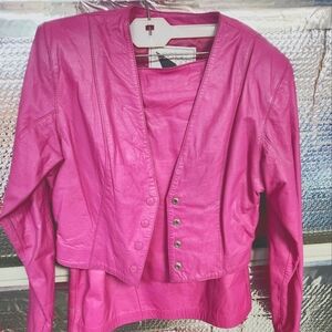 Pink leather jacket and skirt L